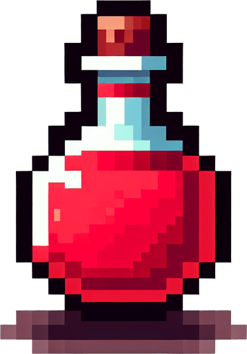 A small red potion. Pixel art..
Single Game Texture.  In-Game asset.  2d.  Blank background.  High contrast.  No shadows