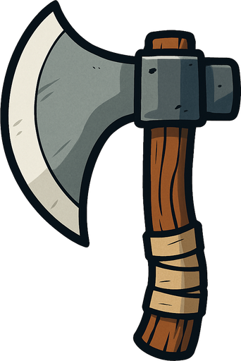 Has un hacha medieval que su lado afilado este de frente estilo cartoon.
In-Game asset.  2d.  High contrast.  No shadows