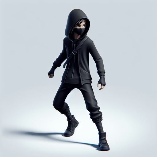 A ninja kid thief, full body, with a dark colored hoodie.
Single Game Texture. In-Game asset. 2d. Blank background. High contrast. No shadows.
