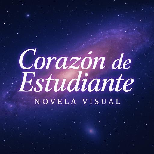 Create a title screen logo with the following text:
"Corazón de Estudiante - Novela Visual"
Behind the text, the Andromeda Galaxy (M31) stretches across the background, creating a dreamy, cosmic atmosphere that evokes mystery and romance.