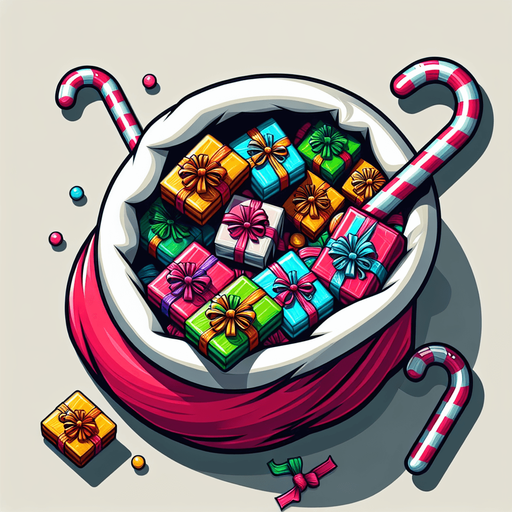 open top of Santa's sack. wrapped presents with ribbons and box, vivid colours, candy canes Single Game Texture. In-Game asset. 2d. Blank background. High contrast. No shadows.