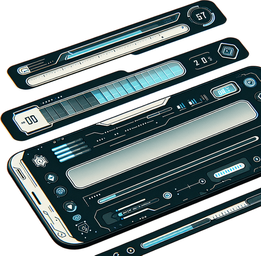 A 2D top UI bar for a mobile phone interface, designed with a futuristic aesthetic. The bar is flat and minimalistic, stretching horizontally across the top of the screen. On the right side, a simple battery icon is displayed, filled to indicate the charge level. The rest of the bar features small, clean icons for signal strength, Wi-Fi, and notifications, along with a digital clock in a modern, futuristic font. The design is clean and functional, with subtle accents like soft blue highlights to give it a slightly futuristic feel while keeping it simple and UI-focused..
Single Game Texture. In-Game asset. 2d. Blank background. High contrast. No shadows.