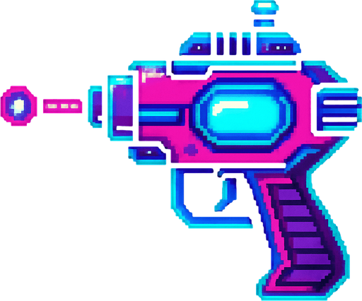 Pistola futurista, retro, neon, pixelart.
In-Game asset.  2d.  High contrast.  No shadows