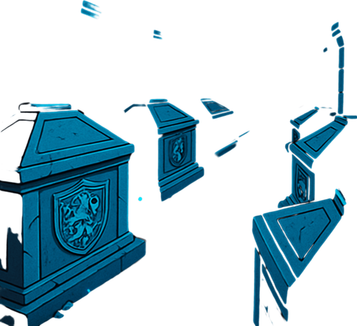 A sacred royal crypt deep underground, stone tombs with carved family crests, faint blue glow from fungi, complete silence.
In-Game asset.  2d.  High contrast.  No shadows