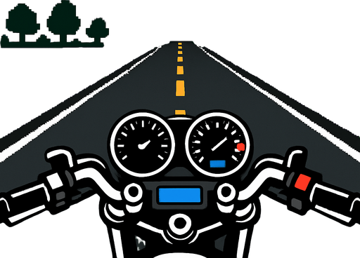 Place a fixed motorcycle cockpit graphic that spans the full width of the bottom of the screen. It should stay anchored to the UI and not move with the player or the game world. The cockpit should appear in front of the gameplay area, like a HUD overlay..
In-Game asset.  2d.  High contrast.  No shadows