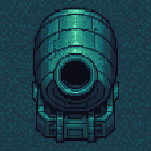 top down sci-fi fat barrel cannon, teal metal, pixel art