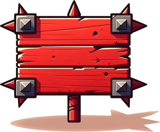 A dangerous bright red wooden message board with long spikes on all sides. Views straight from the front as an interface element..
Single Game Texture. In-Game asset. 2d. Blank background. High contrast. No shadows.