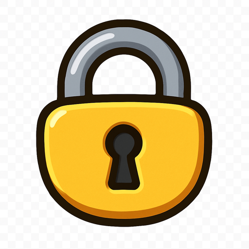 A small, flat 2D padlock icon designed for mobile games. The lock should be cartoon-style with a rounded body, thick outline, and a keyhole in the center. Use soft shadows and a slight 3D effect. The color should be golden yellow or metallic gray, clearly visible when placed over a flag. The icon must have a transparent background and be suitable for overlaying on a world map UI in a kids’ adventure game..
In-Game asset.  2d.  High contrast.  No shadows