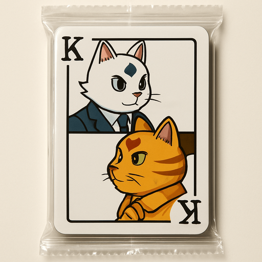 A booster pack of collectible cards in the plastic packaging. On the package is a picture of these two cats as if they are the King on a card in a deck of regular playing cards. The white one is on top facing left and the bottom one is the mirror facing right, side profile, just like a king on a regular playing card. There is a K in the top left corner to mark the King, but no suit.