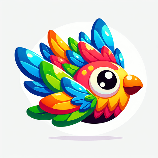 Design a cartoon-style bird flying sideways with big eyes and colorful feathers. The bird should look friendly, cute, and match a fun sky-themed game..
Single Game Texture.  In-Game asset.  2d.  Blank background.  High contrast.  No shadows