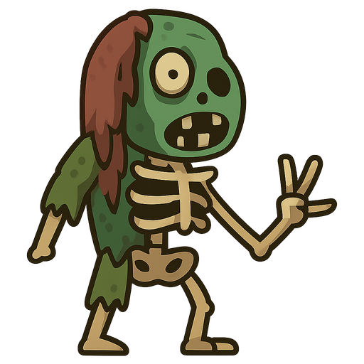 A zombie fixed with a skeleton. No background. Transparent background. Blank background. No shadows. 2d. In-Game asset. flat