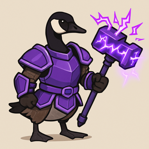A Canadian goose in armor armed electro purple battle hammer..
In-Game asset.  2d.  No shadows