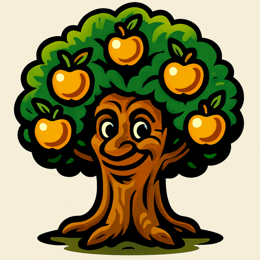 Yüzü olan bir ağaç altın elmalar var.
In-Game asset.  2d.  High contrast.  No shadows