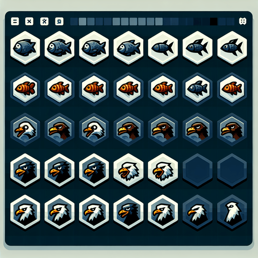 A sprite sheet for game icons featuring a fish, an eagle and a mallard. Hexagon icons featuring the head of animal. 
Single Game Texture. In-Game asset. 2d. Blank background. High contrast. No shadows.