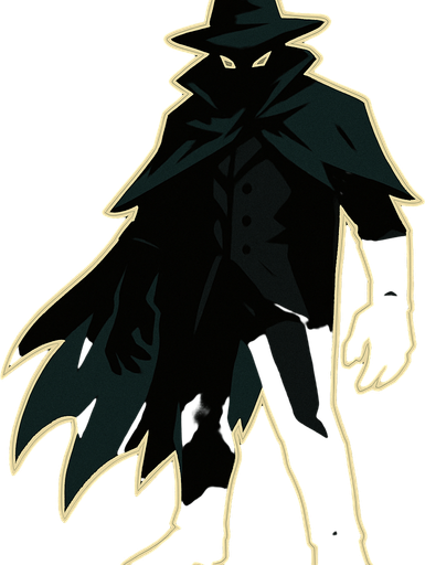 kılıçsız karanlık ve gizemli insansı bir kahraman şapkalı ve tüm vücudu görünüyor.
In-Game asset.  2d.  High contrast.  No shadows