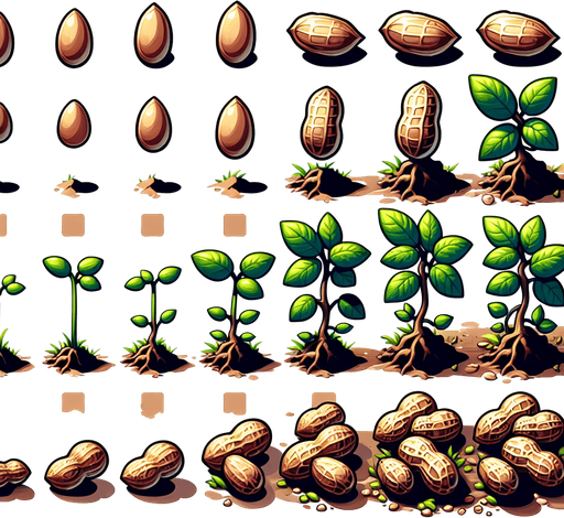 A spritesheet showing a peanutplant in various stages of germantion, from seed over sapling and to full grown plant with ripe peanuts. The sprites should be laid out in a rectangular grid with blank space between them..
Single Game Texture. In-Game asset. 2d. Blank background. High contrast. No shadows.