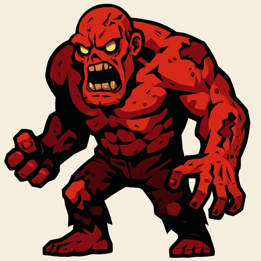 Giant boss angry reddish zombie. 2D..
In-Game asset.  2d.  High contrast.  No shadows