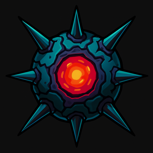 An alien space mine with spikes and red glowing center.
In-Game asset.  2d.  High contrast.  No shadows