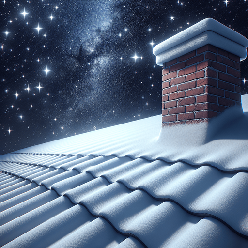 close up of a Snow covered roof, Winter scene, star lit night sky, brick chimbly on right hand side, Single Game Texture. In-Game asset. 2d. Blank background. High contrast. No shadows.