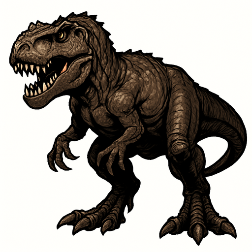 A massive Giganotosaurus dinosaur with rough, dark brown and gray scaly skin. It has a large, powerful head with sharp teeth visible in a slightly open mouth. The muscular body shows visible muscle definition and thick, tough skin. The claws are sharp, and the stance is aggressive and dominant..
In-Game asset.  2d.  High contrast.  No shadows