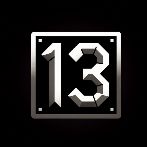 the number 13 written in black.
Single Game Texture. In-Game asset. 2d. Blank background. High contrast. No shadows.