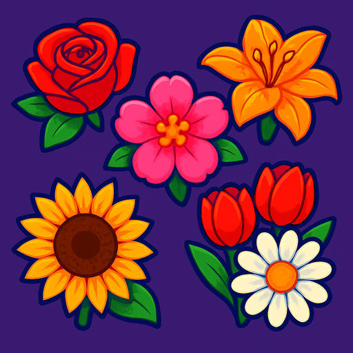 Blossom match with rose,lily,sunflower,tulips,and daisy. Vibrant..
In-Game asset.  2d.  High contrast.  No shadows