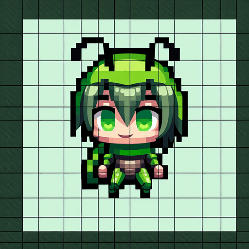 chibi 8 bit image green hopper insect anime protagonist.
Single Game Texture.  In-Game asset.  2d.  Blank background.  High contrast.  No shadows