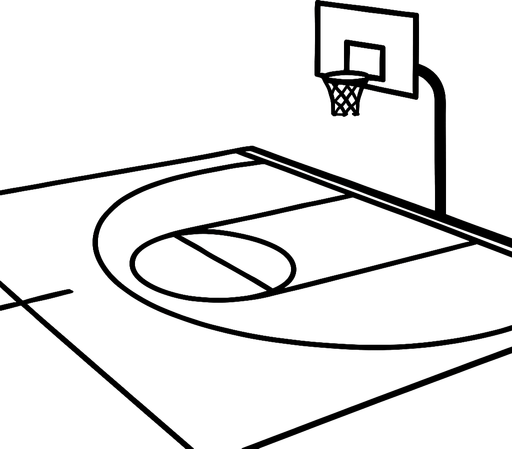 A minimalist black and white basketball court background. The court is shown from a side view or slightly isometric angle. It includes clear outlines for the hoop, backboard, half court line, and three-point arc, all in clean black lines on a white surface (or vice versa). The style is modern, simple, and flat — no players, just the environment..
In-Game asset.  2d.  High contrast.  No shadows