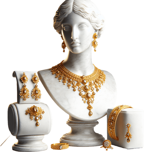 a set of classical gold jewelry on a small display bust