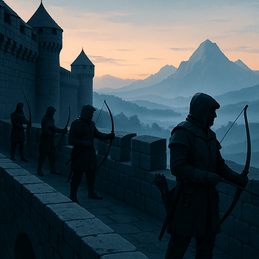A high medieval castle wall overlooking the land, stone parapets with archers, distant mountains in the fog, early dawn light, realistic.
In-Game asset.  2d.  High contrast.  No shadows