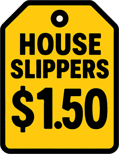 price tag that says house slippers $1.50.
In-Game asset.  2d.  High contrast.  No shadows