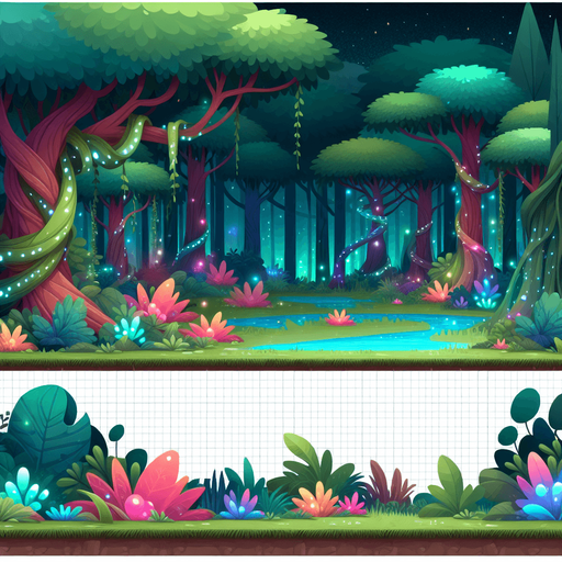 magic forest.
Single Game Texture.  In-Game asset.  2d.  Blank background.  High contrast.  No shadows