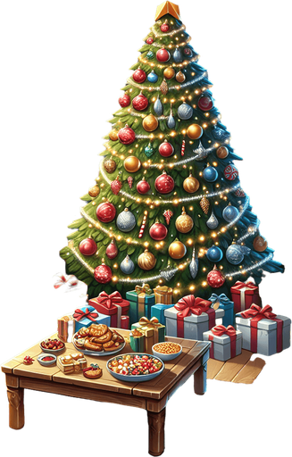 A cozy living room with a christmas tree, presents, snacks, ornaments and everythning in place for christmas. Single Game Texture. In-Game asset. 2d. Blank background. High contrast. No shadows.