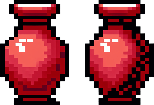 A thin red earthen jar. 8 bit Pixel art..
Single Game Texture.  In-Game asset.  2d.  Blank background.  High contrast.  No shadows