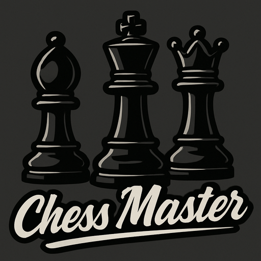 en altla havalı kalın ve grafik çizim olarak italik bir yazıyla Chess Master yazan koyu renk temalı 3 adet ortada büyük şah sağda vezir ve solda fil olacak şekilde satranç taşları.
In-Game asset.  2d.  High contrast.  No shadows