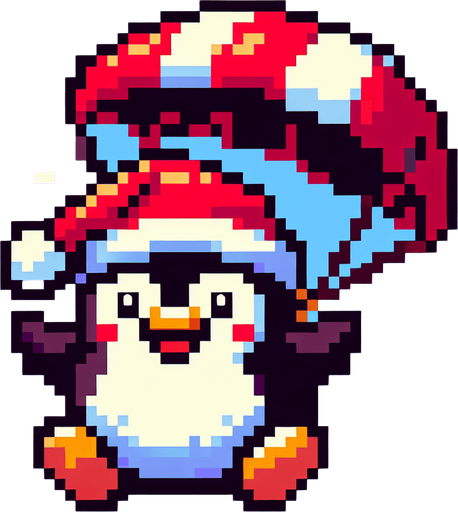 cute fat chubby parachuting penguin wearing a santa hat. pixelated. 8 bit. Single Game Texture. In-Game asset. 2d. Blank background. High contrast. No shadows.
