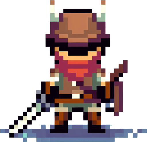 8-bit character that is a hunter.
Single Game Texture. In-Game asset. 2d. Blank background. High contrast. No shadows.