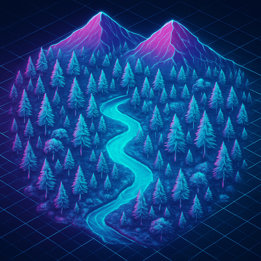 Top down isometric anime forest River mountains neon map grid hologram