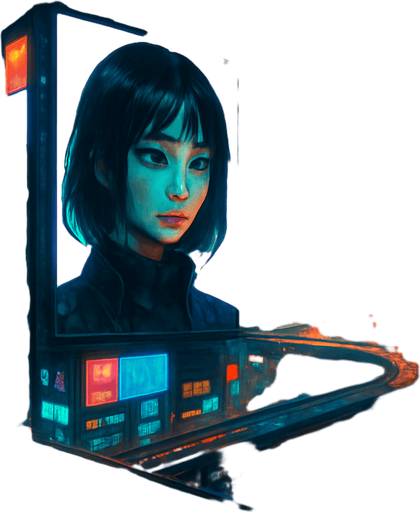 Cyberpunk city. have digital screens and digital girl have black hair talking on it. towers. from above. cars on roads. Trains roads. HD colors.