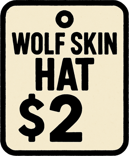 price tag that says wolf skin hat $2.
In-Game asset.  2d.  High contrast.  No shadows