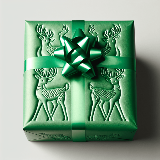Green Christmas wrapped box with deer designed, front view.