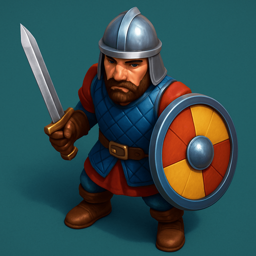 Kılıç ve kalkanlı çağı saldırı askeri, Gerçekçi, kuş bakışı görünüm, yazısız..
In-Game asset.  High contrast.  No shadows, renkli 3d olsun.