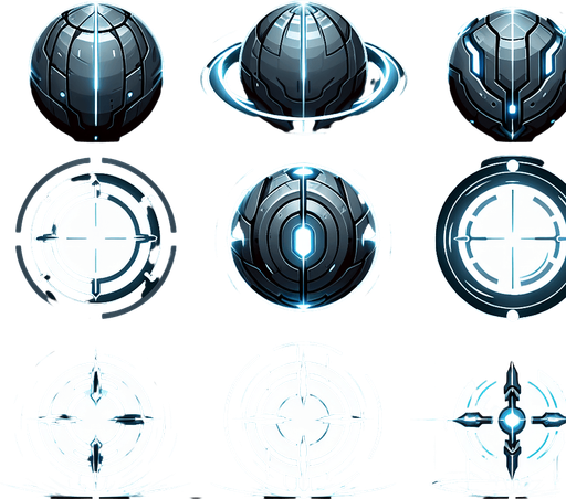 Glowing, futuristic orb asset designed for a ranged enemy's projectile. The orb has a sleek, metallic surface with glowing lines and accents, resembling advanced energy technology. It is circular in shape with a slightly reflective finish, emitting a faint aura. Designed for a top-down perspective to align with a 2D gameplay style, this asset includes an animation of the orb spinning clockwise to simulate movement. The design should convey a high-tech, energy-based attack mechanism..
Single Game Texture. In-Game asset. 2D. Blank background. High contrast. No shadows. Include four frames of the orb spinning clockwise for animation.