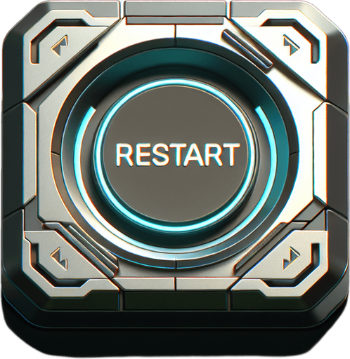 futuristic button with the text saying "RESTART". drawn as a 2D user interface element.
Single Game Texture. In-Game asset. 2d. Blank background. High contrast. No shadows.