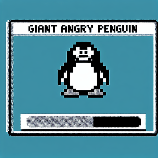 A 8-bit life bar (not a tavern, is a life bar to a  life of the character) with a text written above  "Giant angry penguin".
A