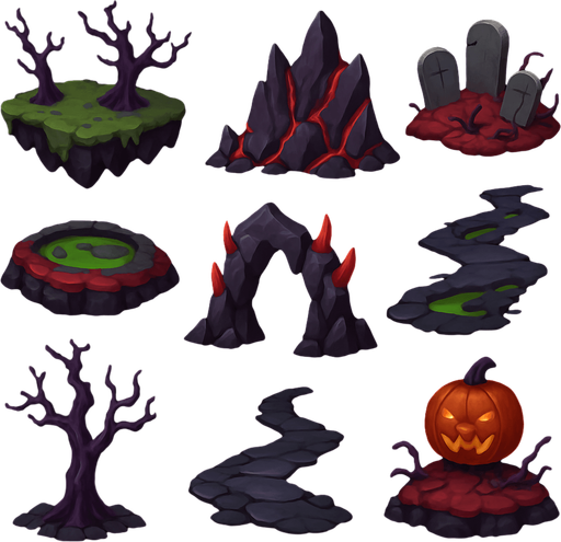 pack of a scary terrain assets for game platform, horizontal, different shapes, HD colors.
In-Game asset.  2d.  High contrast.  No shadows
