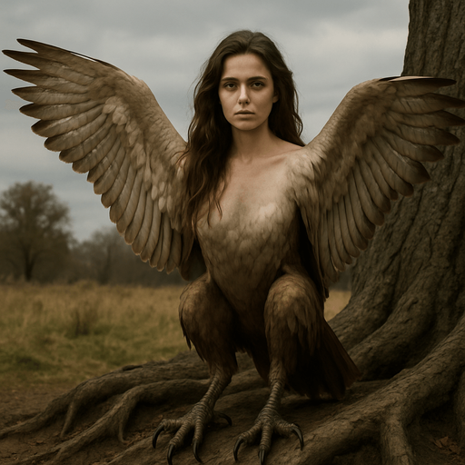 a woman who has wings instead of arms and talons instead of legs.
realistic