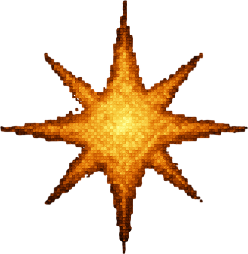 A realistic yellow star from the universe, in pixel art style.