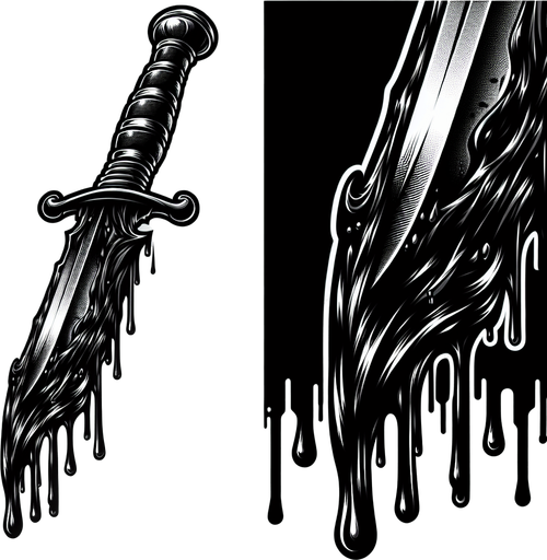 A sharp, wicked-looking dagger or blade edge dripping with black, shadowy substance..
Single Game Texture.  In-Game asset.  2d.  Blank background.  High contrast.  No shadows