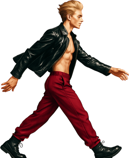 Black leather combat boots, wine red joggers, Swishy graceful man Cyberpunk manga, arm extended, side profile view walking animation, shiny black leather biker jacket longsleeves shirtless Skinny abs blonde pompadour guy, action shot wine red joggers combat boots, Background removed, "Full-body character, entirely in frame, no cropping of face, head, or feet" "Complete character visible, from head to toe, fully centered in the image" "Entire character, including face and boots, fully within the frame" Character fully contained within a square frame, no edges cut off fashion model walking pose Style of vogue magazine